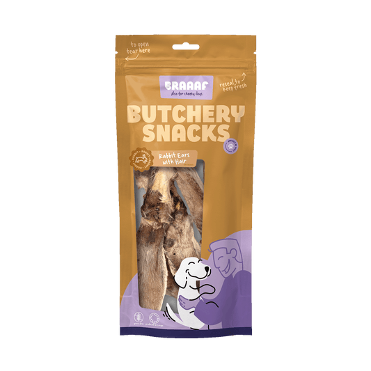 Braaaf Butchery Snacks Konijnenoren met haar 80 g - All For Animals