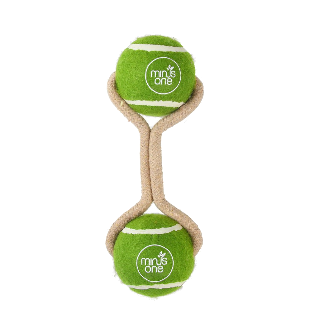 Minus One Dog Tennis Ball Rope Toy Double Meadow - transparante productafbeelding