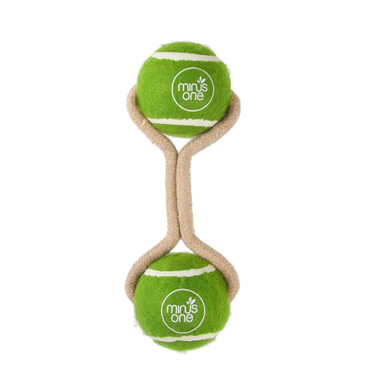 Minus One Dog Tennis Ball Rope Toy Double Meadow - transparante productafbeelding